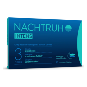 Verpackung von Nachtruhe Intens mit Angaben zu Inhaltsstoffen und Schlafunterstützung, in blauer Farbgestaltung.