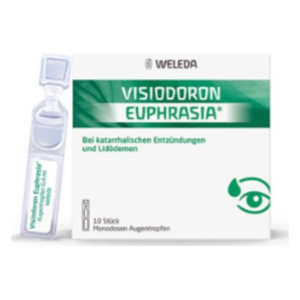 Packung mit Weleda Visiodoron Euphrasia Augentropfen in Monodosen, zur Behandlung von Augenentzündungen.