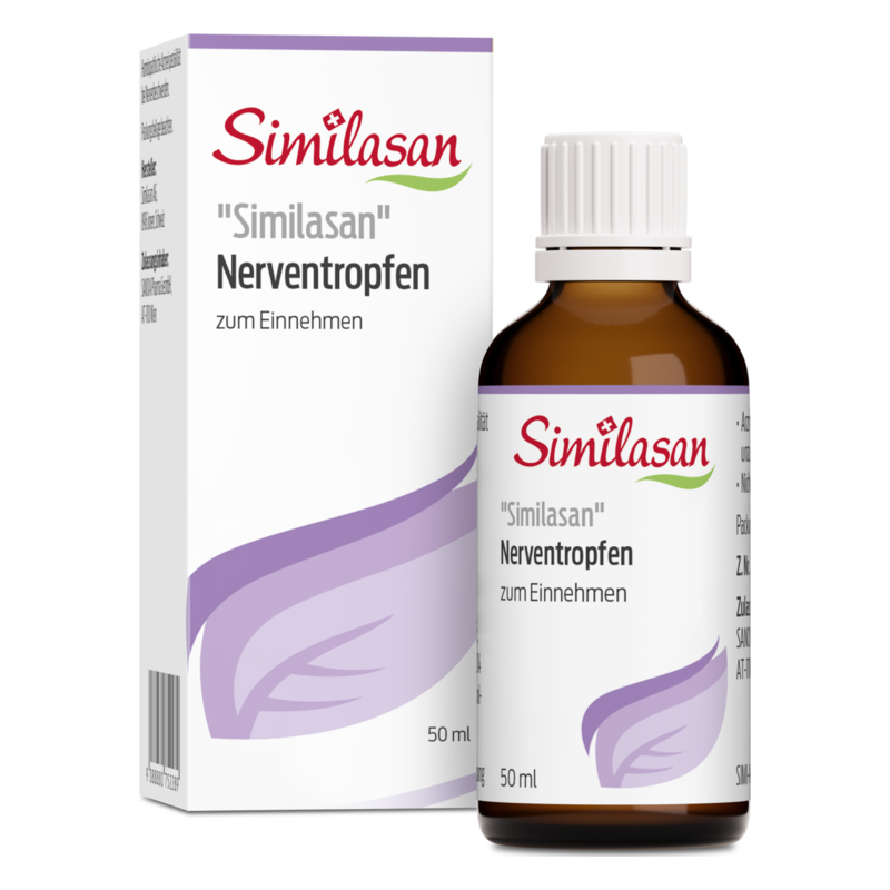 Braune Glasflasche mit weißen Schraubverschluss und lila Umverpackung für Similasan Nerventropfen, 50 ml.