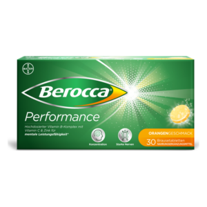 Verpackung von Berocca Performance mit orangefarbenem Geschmack, enthält Vitamine und Mineralstoffe für die Konzentration.