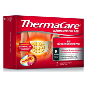 Verpackung von ThermaCare Wärmumschlägen zur Schmerztherapie bei Rückenschmerzen.