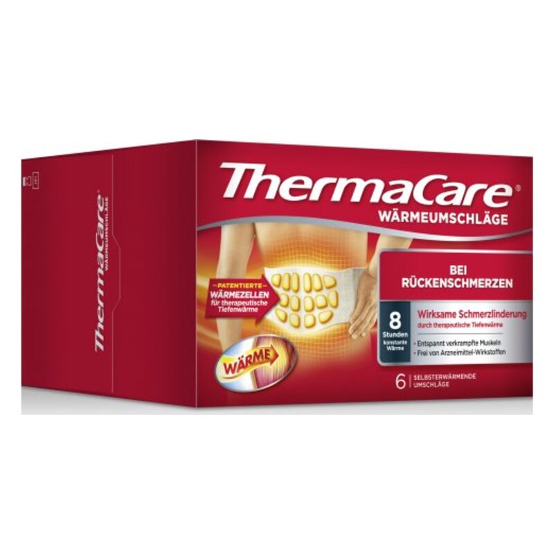 Verpackung von ThermaCare Wärmumschlägen zur Linderung von Rückenschmerzen mit Hinweisen zur Anwendung und Wirkung.
