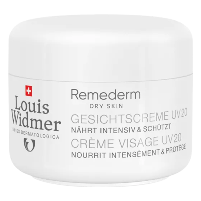 Weiße Creme-Packung für Gesichtscreme UV20 von Louis Widmer, die intensiv nährt und schützt.