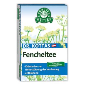 Verpackung von Dr. Kottas Fencheltee, mit einem Bild von Fenchelblüten und Informationen zur Verdauungsunterstützung.