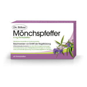 Verpackung von Dr. Böhm Mönchspfeffer, 4 mg Filmtabletten zur Linderung prämenstrueller Beschwerden.