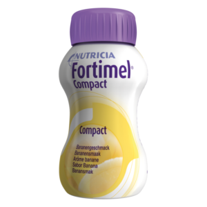 Flasche Fortimel Compact mit lila Schraubverschluss und gelben Akzenten, Geschmack Banane.