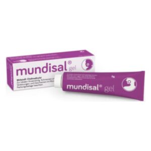 mundisal gel in einer lila Tube neben einer lila Verpackung mit weißem Text und einem symbolischen Bild.