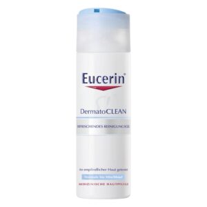 Flasche mit Eucerin DermatoCLEAN, einem erfrischenden Reinigungsgel für normale bis Mischhaut, mit einem blauen Deckel.