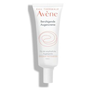 Tube mit beruhigender Augencreme von Avène für empfindliche Augenpartien, weiß mit oranger Schrift.
