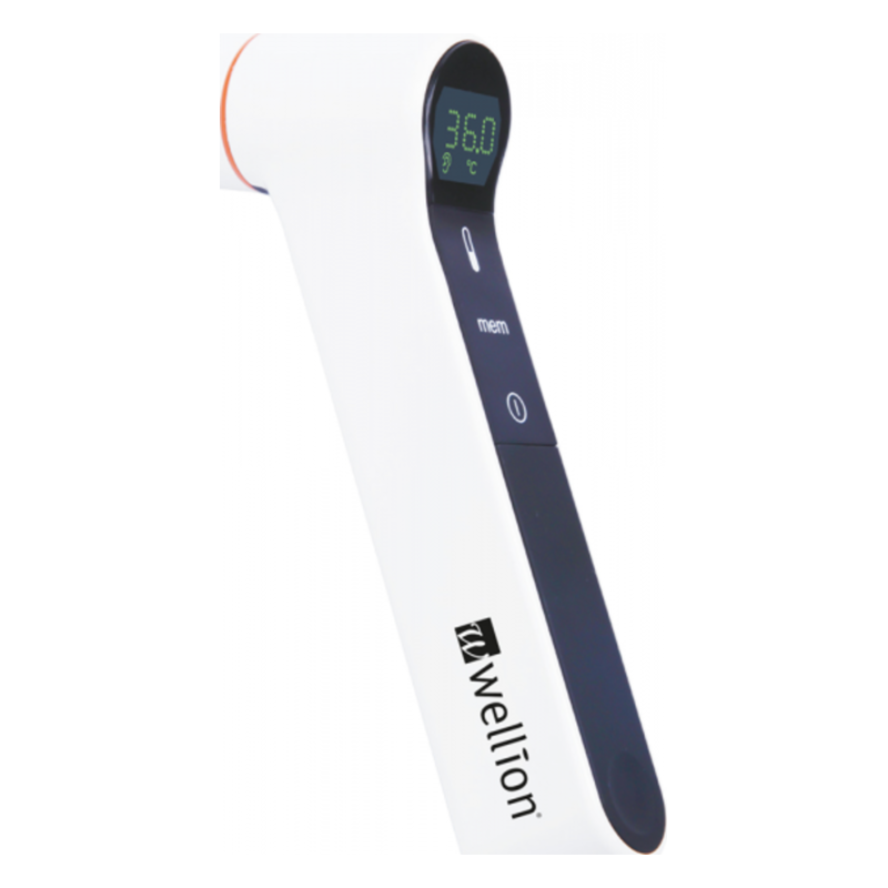 Digitales Fieberthermometer in Weiß mit schwarzem Display und Wellion-Logo, zeigt 36,0 °C an.