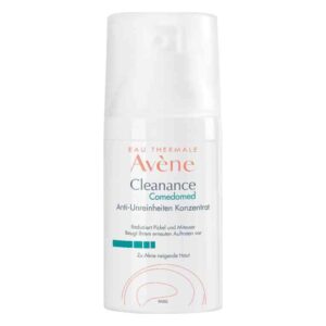 Weißer Pumpenbehälter mit Avène-Logo, Inhalt: Anti-Unreinheiten-Konzentrat für zu Akne neigende Haut.