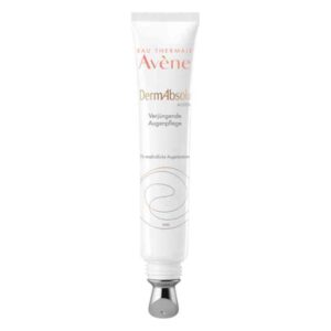 Tubengefäß der Avène Dermabsolu Augenpflege, mit silberner Applikatorspitze und weißem Design.