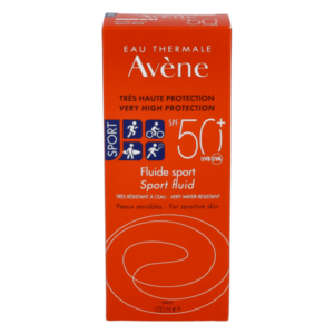 Packung Sonnencreme Eau Thermale Avène mit hohem UV-Schutz und wasserfester Formel für empfindliche Haut.