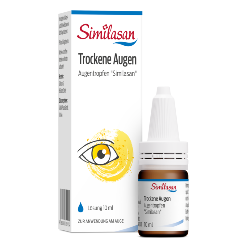 Augentropfen "Similasan" für trockene Augen in einer 10-ml-Flasche und einer Verpackung mit einem Auge-Logo.