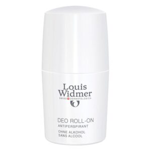 Weißer Deo Roll-On für empfindliche Haut ohne Alkohol, von Louis Widmer, mit klare Schriftzüge auf der Verpackung.