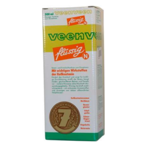 Verpackung von Veenveen flüssig N, 500 ml, zur Unterstützung von Venen und zur Hautpflege, mit wichtigen Inhaltsstoffen.
