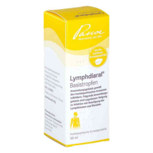 Homöopathisches Arzneimittel in gelb-weißer Verpackung mit der Aufschrift Lymphdiaral Basistropfen, 50 ml.