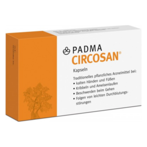 Packung von PADMA CIRCOSAN Kapseln, einem pflanzlichen Arzneimittel gegen Durchblutungsstörungen.