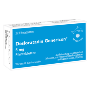 Packung mit 10 Filmtabletten Desloratadin Genericon 5 mg zur Behandlung von Allergien.