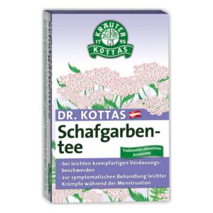 Verpackung von Dr. Kottas Schafgarbentee, mit blütenähnlichen Pflanzenmotiven und Anwendungsinformationen.
