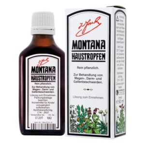 Braune Flasche mit Montana Hausstropfen und Kartonverpackung, beide mit Schriftzug und Beschreibung zur Verwendung.