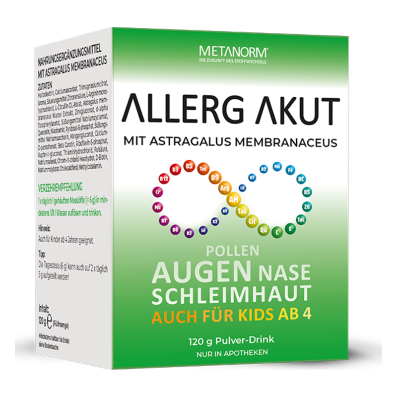 Verpackung eines Nahrungsergänzungsmittels gegen Allergien mit dem Titel 'Allerg Akut', korrekt für Kinder ab 4 Jahren.