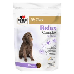 Packung mit Relax Complex für Hunde, enthält Kauleckerli mit Lachsöl und Vitaminen, wieder verschließbar.