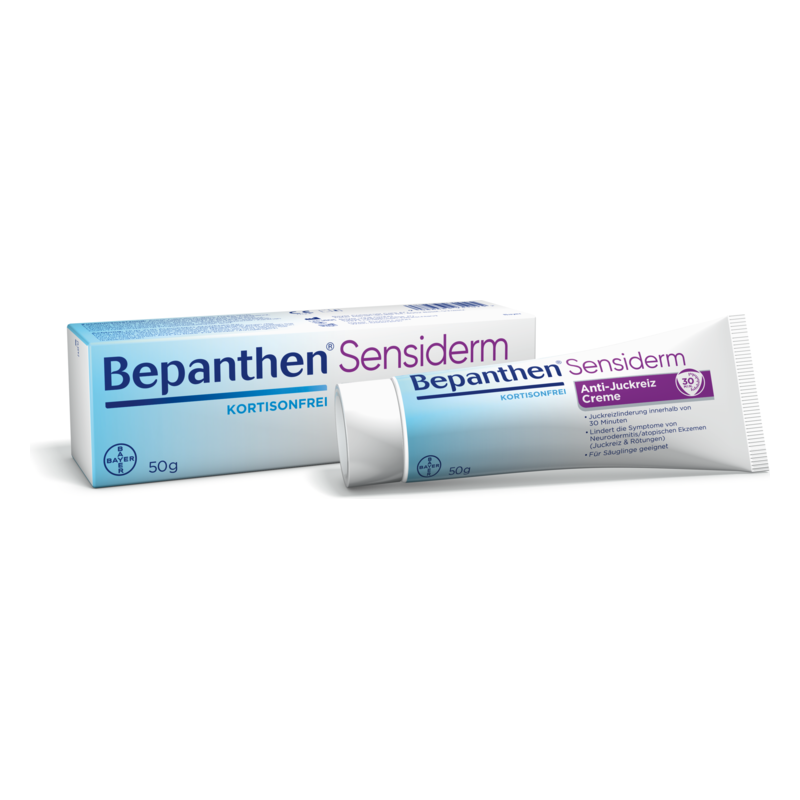 Bepanthen Sensiderm Anti-Juckreiz Creme in einer weißen Tube mit blauer Schrift und Verpackung, 50g, ohne Kortison.