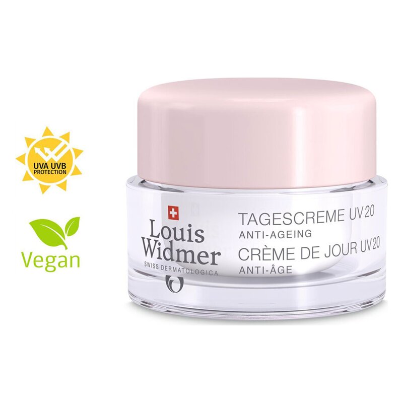 Tagescreme UV 20 von Louis Widmer in einem transparenten Jar mit rosa Deckel, vegan und mit UV-Schutz.
