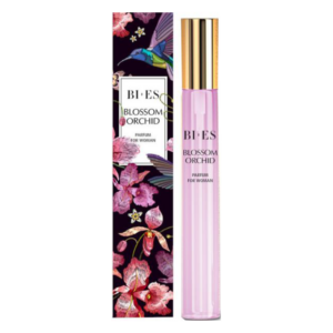 Flakon von BIES Blossom Orchid Parfum für Frauen, umgeben von einer blumigen Verpackung mit Orchideenmotiven.