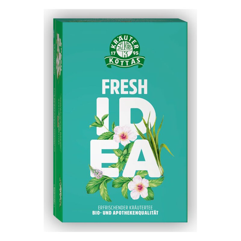 Verpackung von Kräutertee „Fresh Idea“ in Türkis mit Pflanzenmotiven und dem Hinweis auf Bio-Qualität.