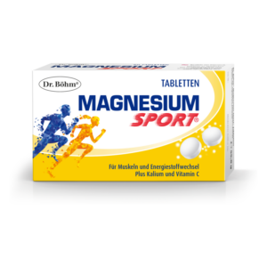 Verpackung von Magnesium Sport Tabletten mit sportlichen Silhouetten und Informationen über zusätzliche Nährstoffe.