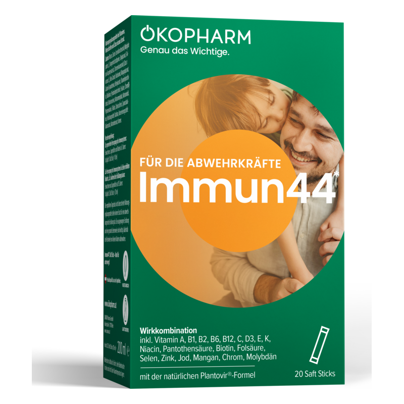 Verpackung von Immun44 mit orangefarbener Schrift auf grünem Hintergrund, zeigt Vitamine für die Abwehrkräfte.