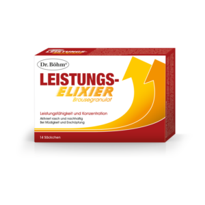 Verpackung von Dr. Böhm Leistungs-Elixier, einem Brausegranulat zur Steigerung von Leistungsfähigkeit und Konzentration.