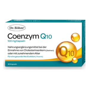 Verpackung von Dr. Böhm Coenzym Q10 Kapseln mit 100 mg, empfohlen bei Cholesterin-Einnahme und für Herzfunktion.