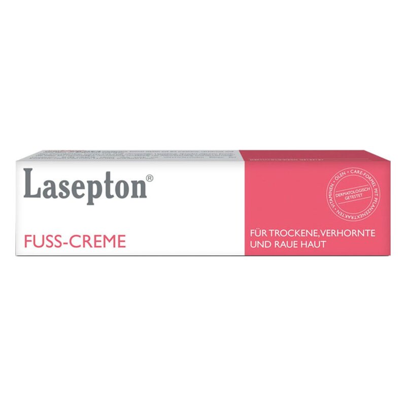 Verpackung von Lasepton Fuß-Creme für trockene, verhornte und raue Haut, mit dermatologischem Testermittlungssiegel.