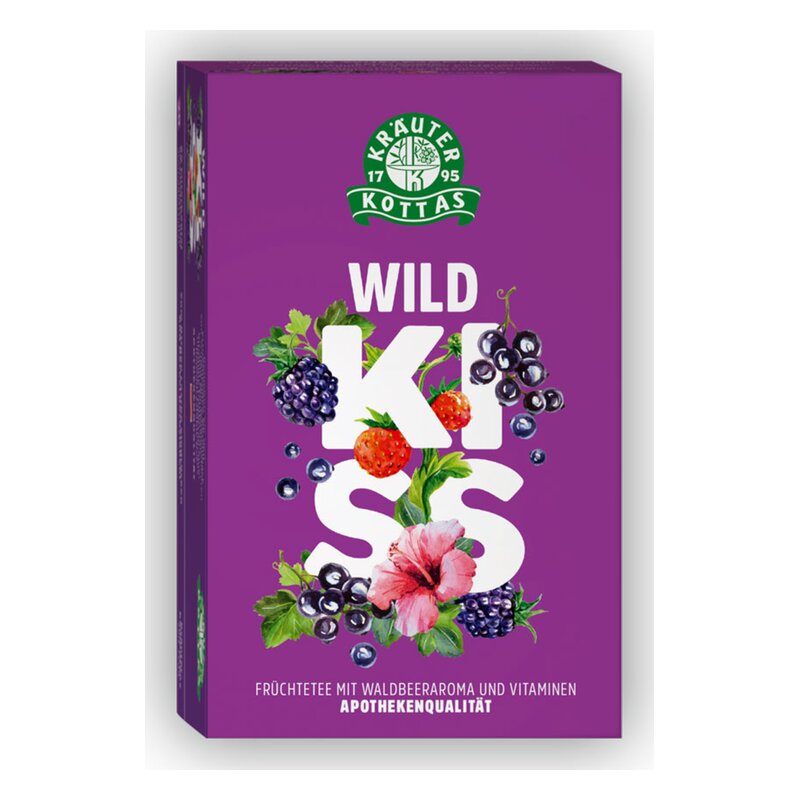 Verpackung des Früchtetees 'Wild Kiss' mit Waldbeerenaroma und Vitaminen, dekoriert mit bunten Früchten und Blumen.