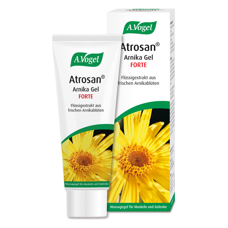 Tube und Verpackung von Atrosan Arnika Gel Forte, ein Massagegel für Muskeln und Gelenke, mit gelber Arnikablüte auf dem Design.