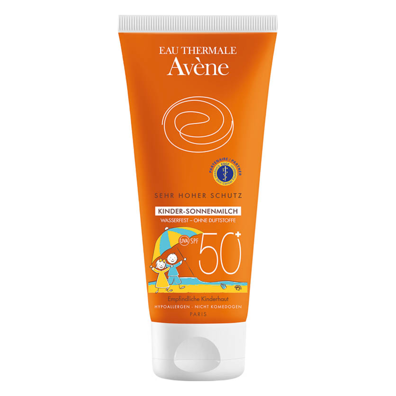 Tube mit orangefarbener Verpackung für Kinder-Sonnenmilch, sehr hoher Schutz SPF 50+, wasserfest und ohne Duftstoffe.