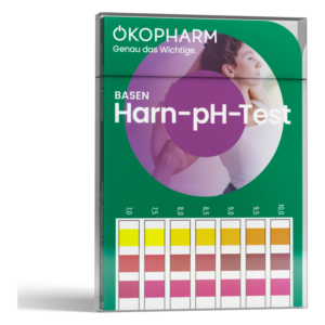 Packung des OKOPHARM Harn-pH-Tests mit Farbskala zur Messung des Urin-pH-Werts und Abbildung eines sportlichen Menschen.