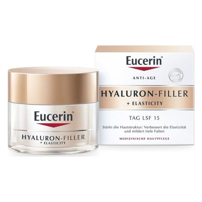 Eucerin Hyaluron-Filler + Elasticity Gesichtscreme im Topf mit goldener Kappe und Verpackung, die Anti-Aging-Eigenschaften betont.