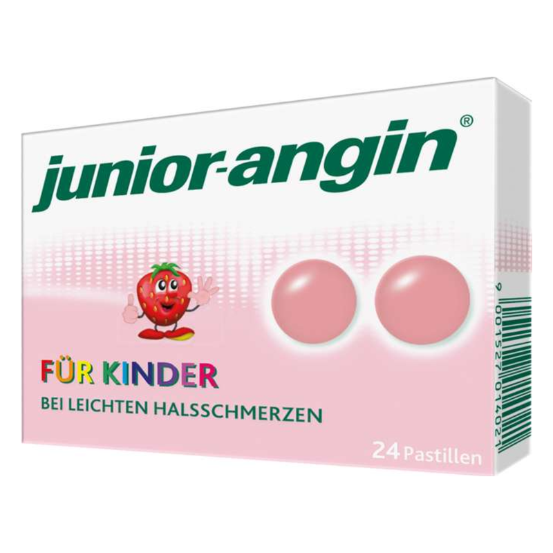 Verpackung von junior-angin Pastillen mit einem fröhlichen Erdbeer-Maskottchen, pinken Pastillen und der Aufschrift 'Für Kinder'