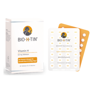 Packung und Blister mit BIO-H-TIN Vitamin H Tabletten für gesunde Haare und Nägel.
