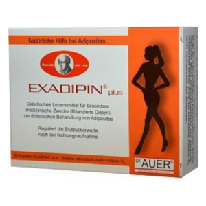 Verpackung von EXADIPIN plus, einem diätetischen Lebensmittel zur Behandlung von Adipositas mit einer grafischen Figur
