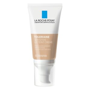 Tube mit Toleriane Sensitive Le Teint Creme von La Roche-Posay, beige, mit Pumpverschluss, für empfindliche Haut.