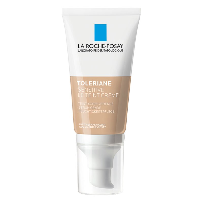 Tube mit Toleriane Sensitive Le Teint Creme von La Roche-Posay, beige, mit Pumpverschluss, für empfindliche Haut.
