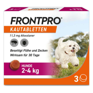 Verpackung von FRONTPRO Kautabletten für Hunde zur Bekämpfung von Flöhen und Zecken, 11,3 mg Afoxolaner.