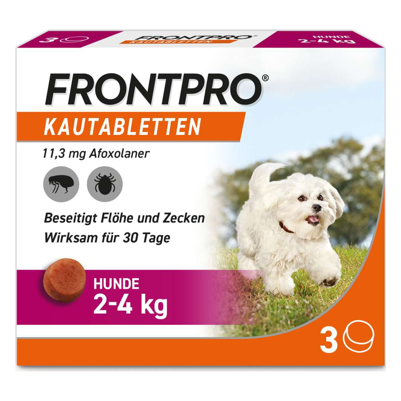 Verpackung von FRONTPRO Kautabletten für Hunde zur Bekämpfung von Flöhen und Zecken, 11,3 mg Afoxolaner.