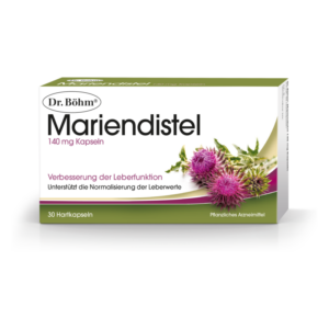 Verpackung mit Marienkapseln zur Unterstützung der Leberfunktion, die Pflanzenextrakt enthält.