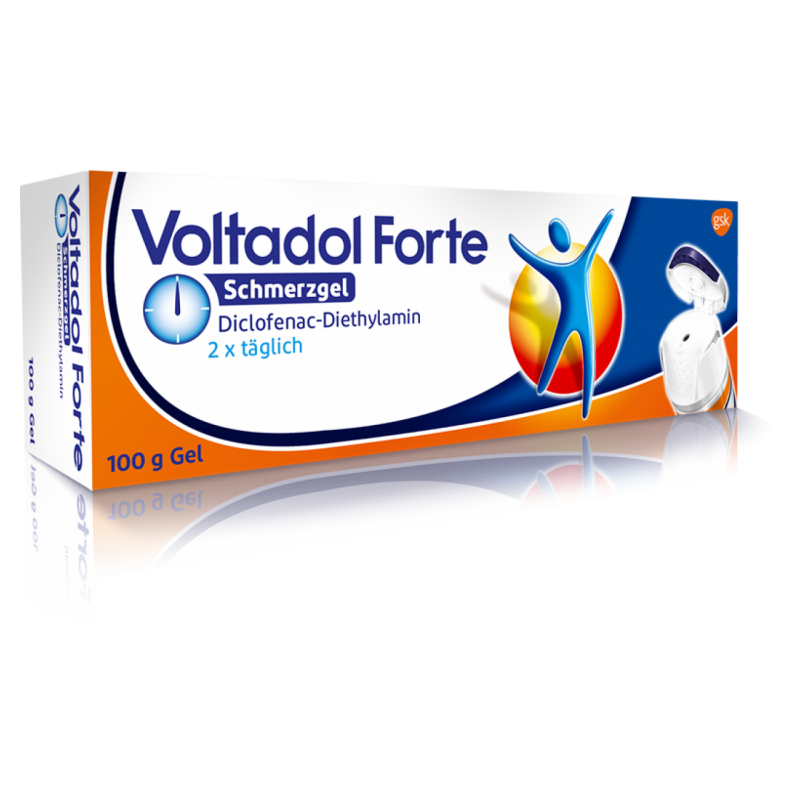 Verpackung von Voltadol Forte Schmerzgel, 100 g, mit Beschreibung und Anwendungshinweis.